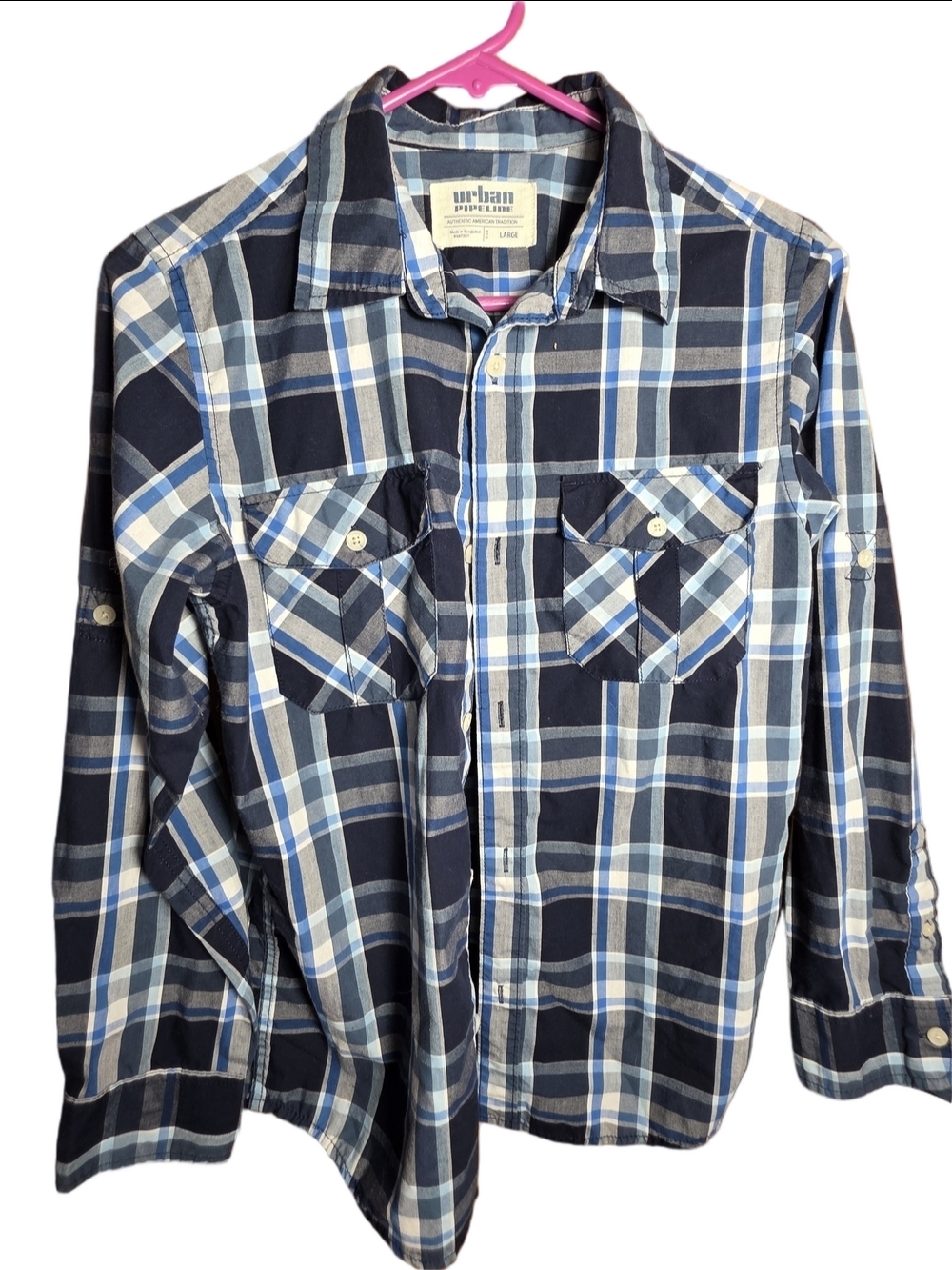 urban pipeline Blue and Light Blue Plaid Button-Down Shirt Boy's Large 90's Y2K